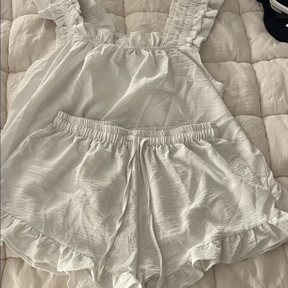 White Ruffled Sleeveless Top and Shorts Set